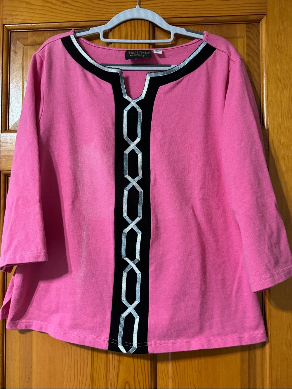 Bob Mackie Wearable Art Vintage Pink Long Sleeve Tee with Black & Silver Trim